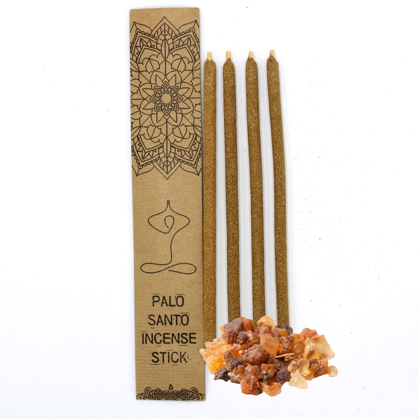 Large wooden incense sticks infused with Myrrh resin and Palo Santo on a neutral background.