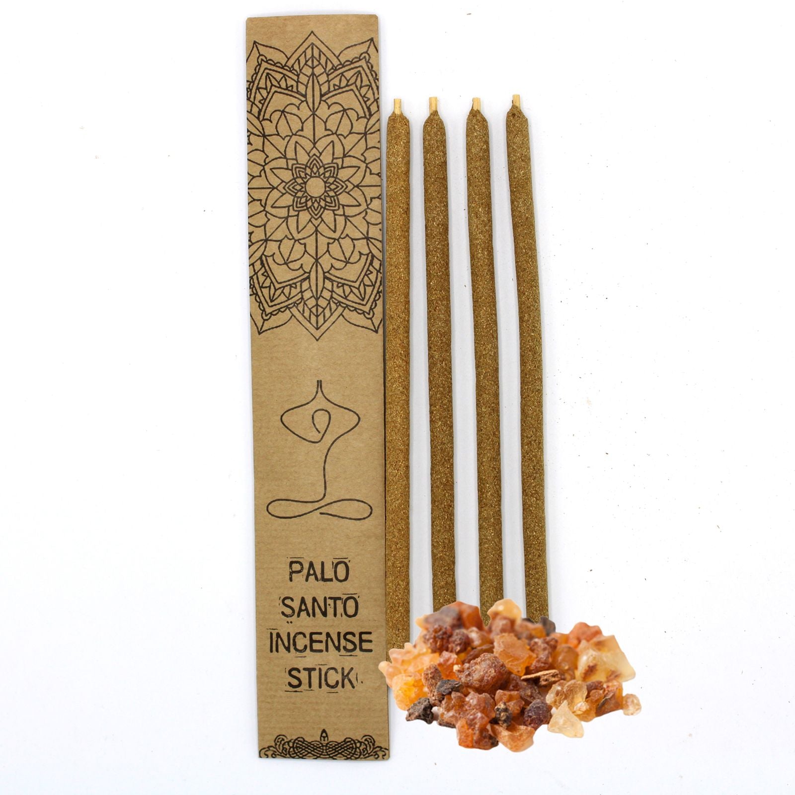 Large wooden incense sticks infused with Myrrh resin and Palo Santo on a neutral background.