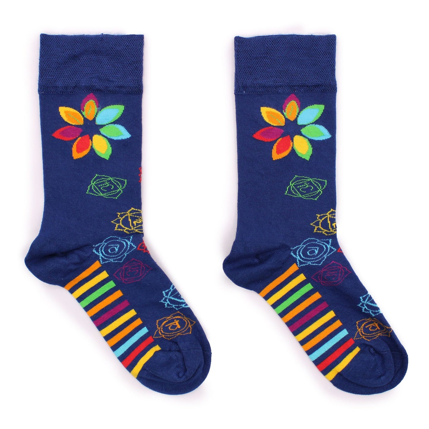 Vibrant bamboo socks featuring colourful rainbow chakra symbols and patterns on a soft fabric background.