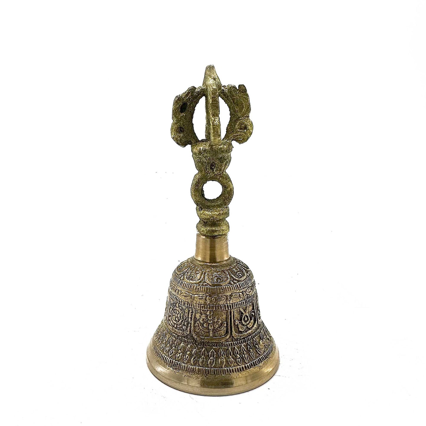 A pair of small ornate bronze Tibetan tingsha bells joined by a leather cord on a neutral background.