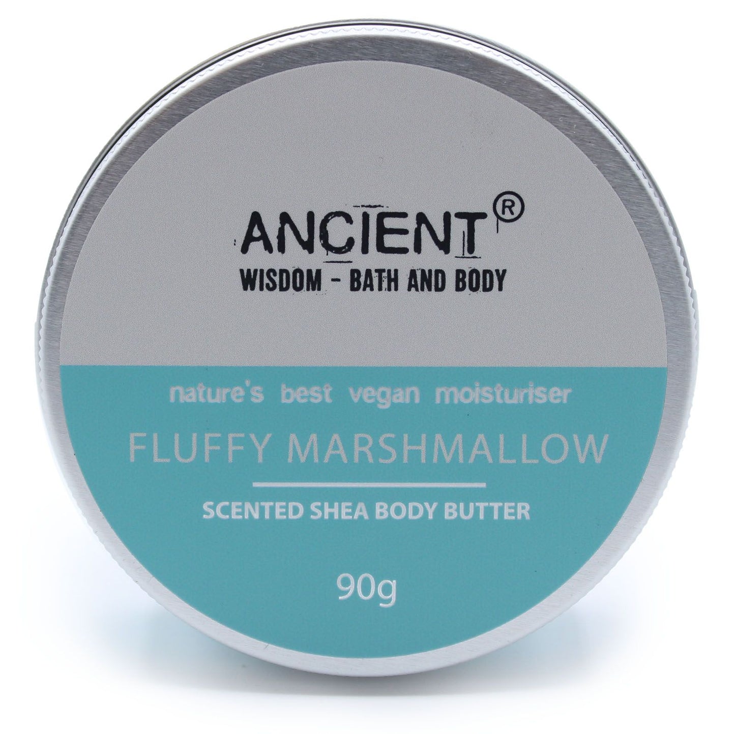Close-up of a 90g jar of creamy white shea body butter with a smooth texture.