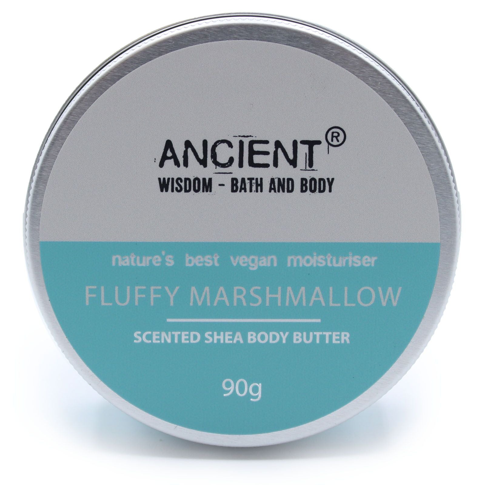 Close-up of a 90g jar of creamy white shea body butter with a smooth texture.