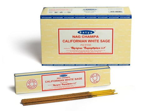 A box of Californian White Sage incense sticks with a single stick resting on top against a white background.