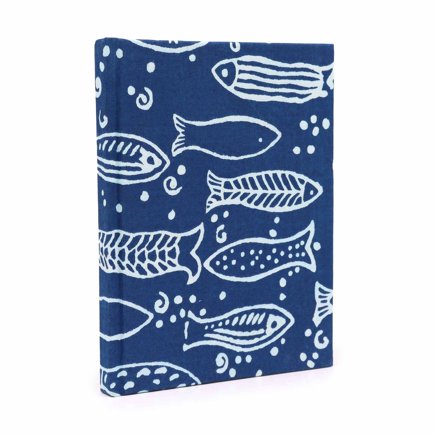 Handcrafted cotton bound notebook featuring a blue indigo fish pattern on the cover with 96 pages.