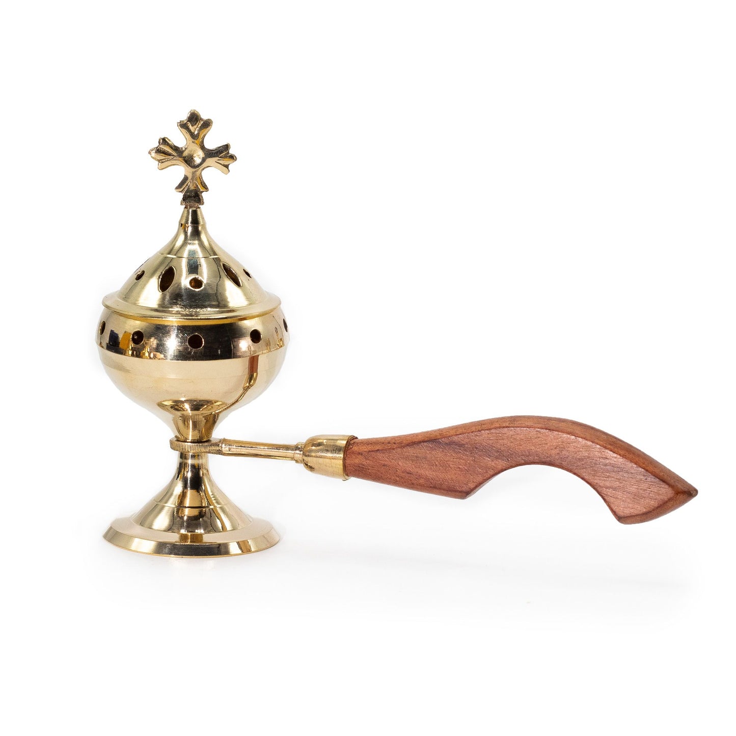 Polished brass censer incense burner with a cross finial on a domed lid and a curved dark wooden handle.