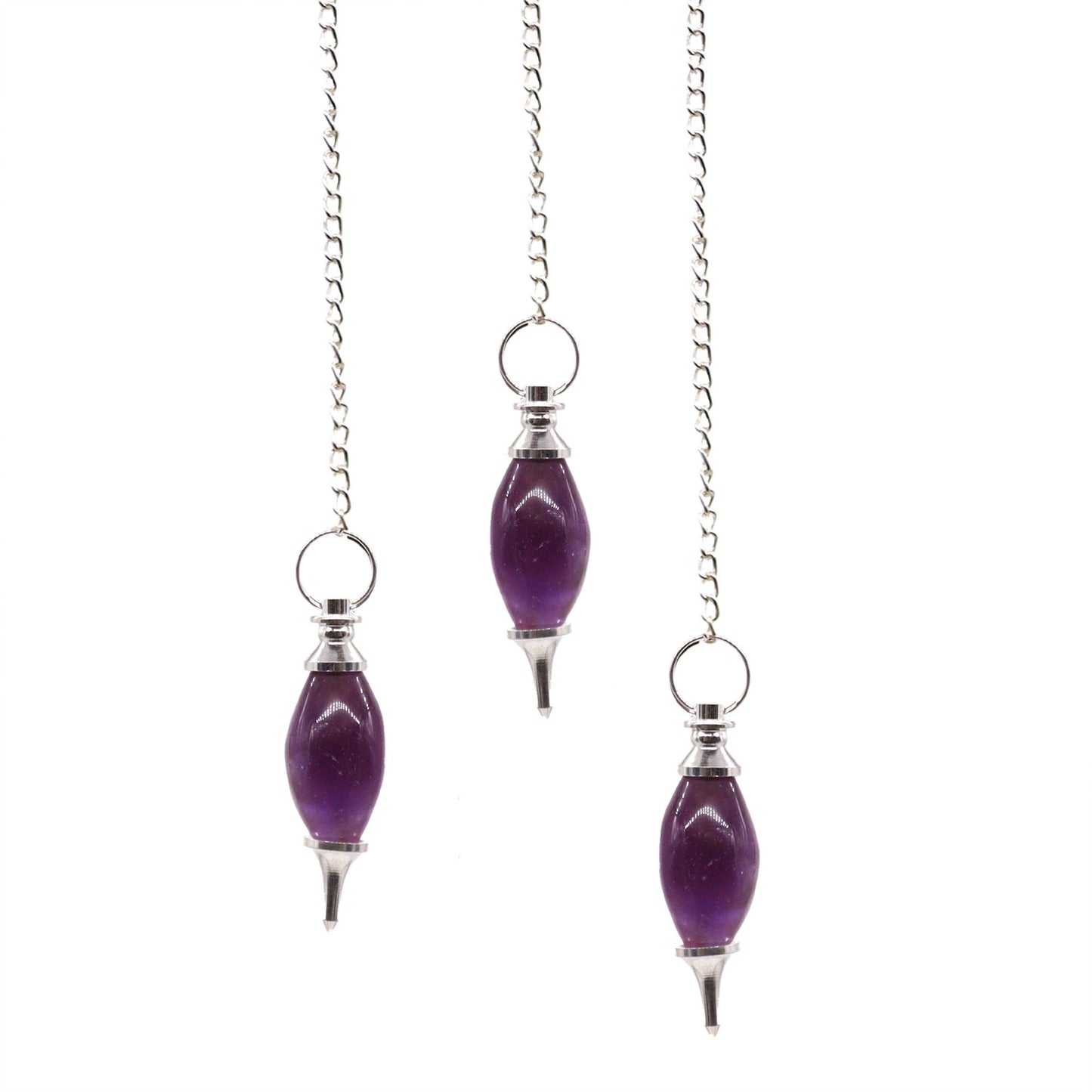 Deep purple amethyst gemstone carved into a smooth lingam shape, suspended from a delicate silver-toned metal chain.