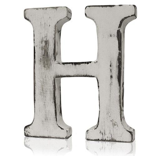 Handmade white-wash mango wood decorative letter H with a distressed shabby chic finish.