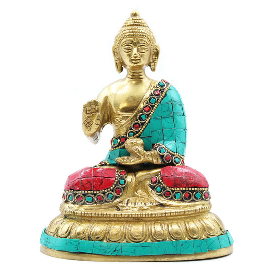 Detailed 15cm brass Buddha figurine in a traditional blessing mudra pose with a golden metallic finish.