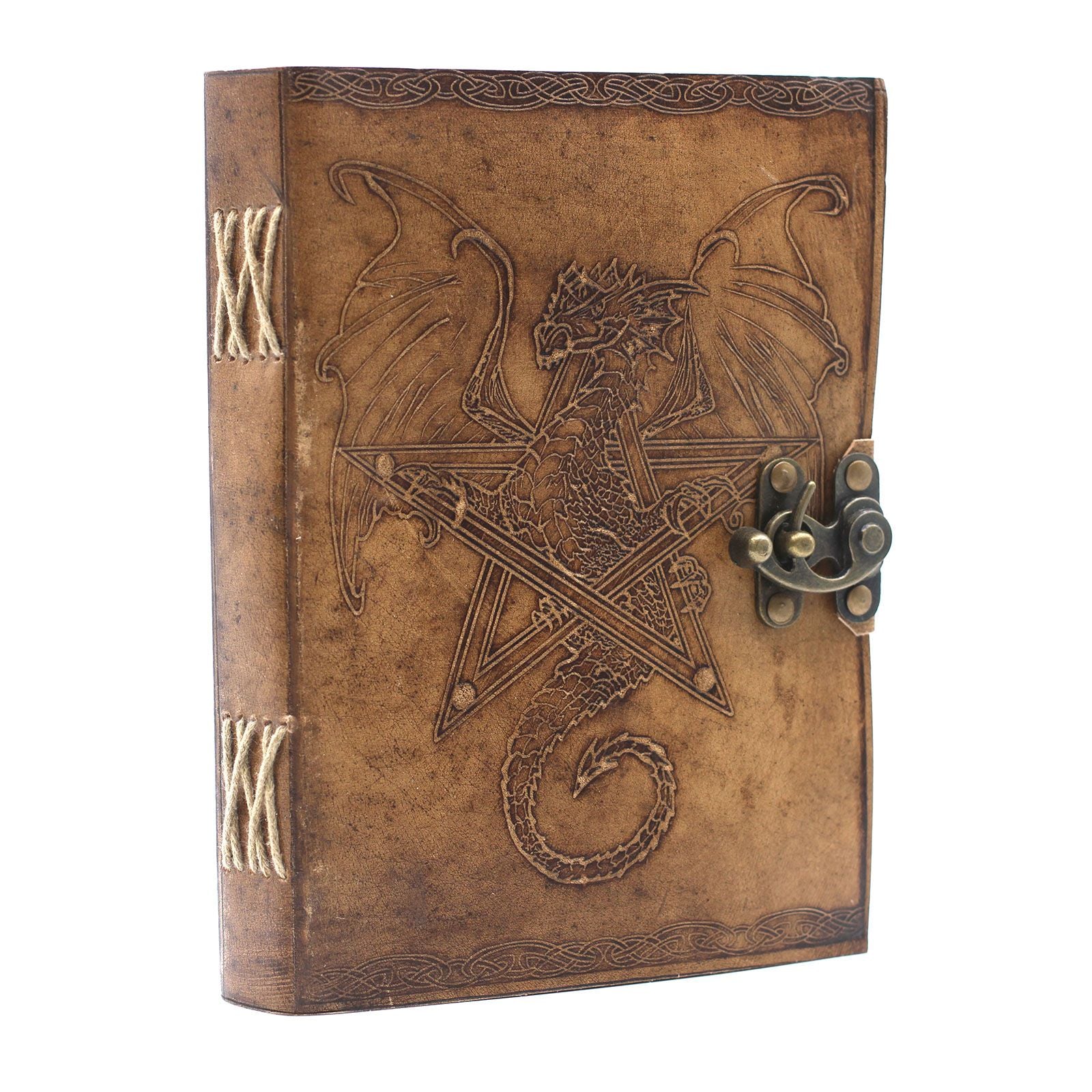Handcrafted vintage-style brown leather notebook featuring an embossed dragon design with a metal clasp closure.