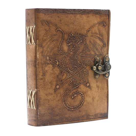Handcrafted vintage-style brown leather notebook featuring an embossed dragon design with a metal clasp closure.