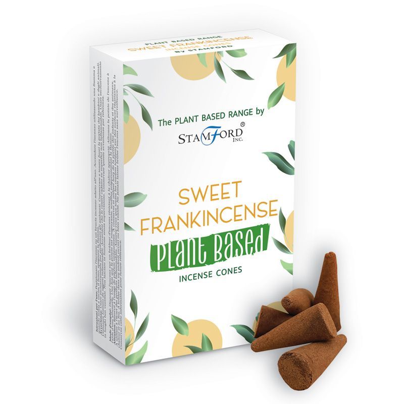 Hand-rolled natural brown incense cones with a sweet frankincense scent on a minimalist background.