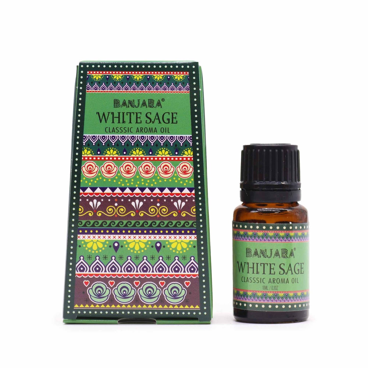 A small amber glass bottle of white sage fragrance oil with a decorative purple and white label.