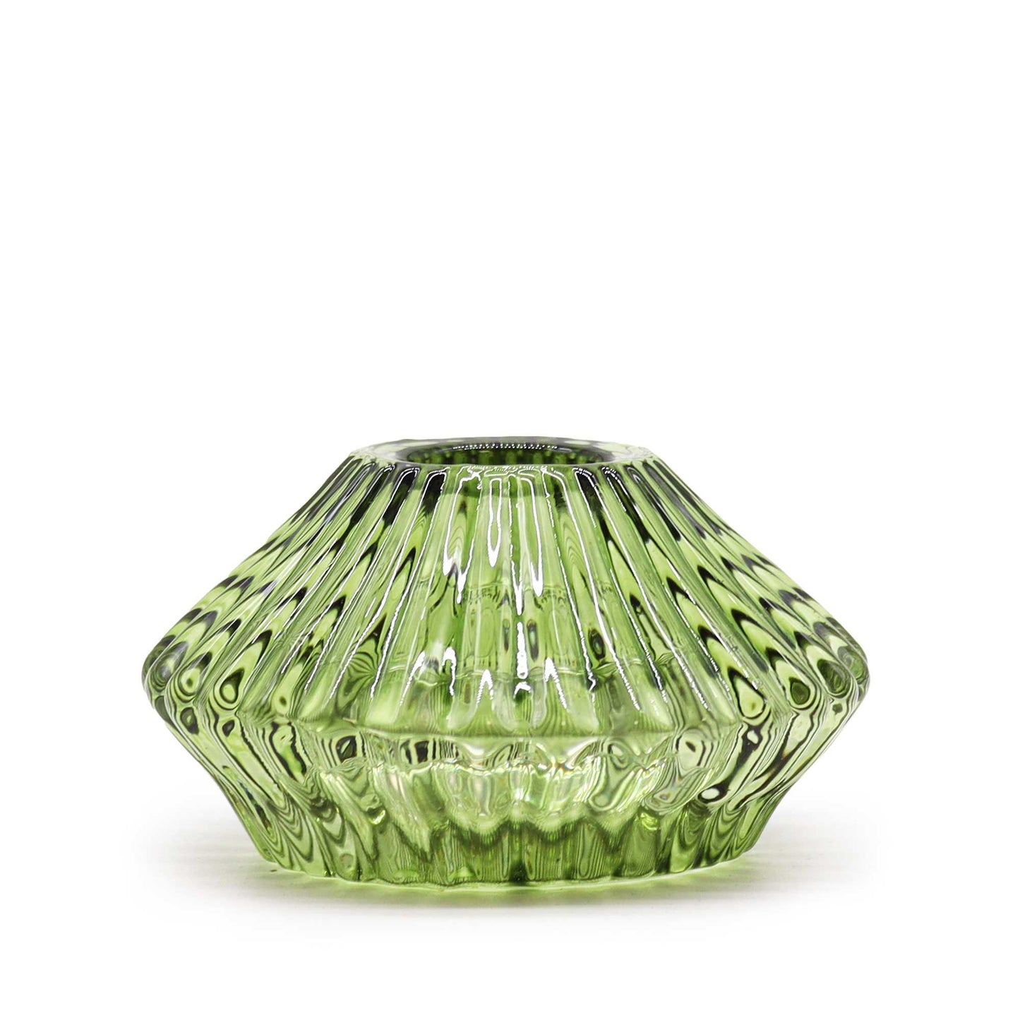 Elegant jade green glass flower-shaped candle holder designed for both dinner candles and tealights.