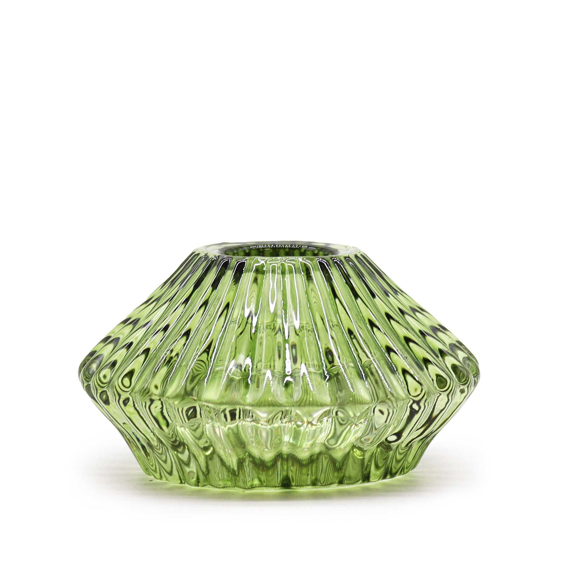 Elegant jade green glass flower-shaped candle holder designed for both dinner candles and tealights.