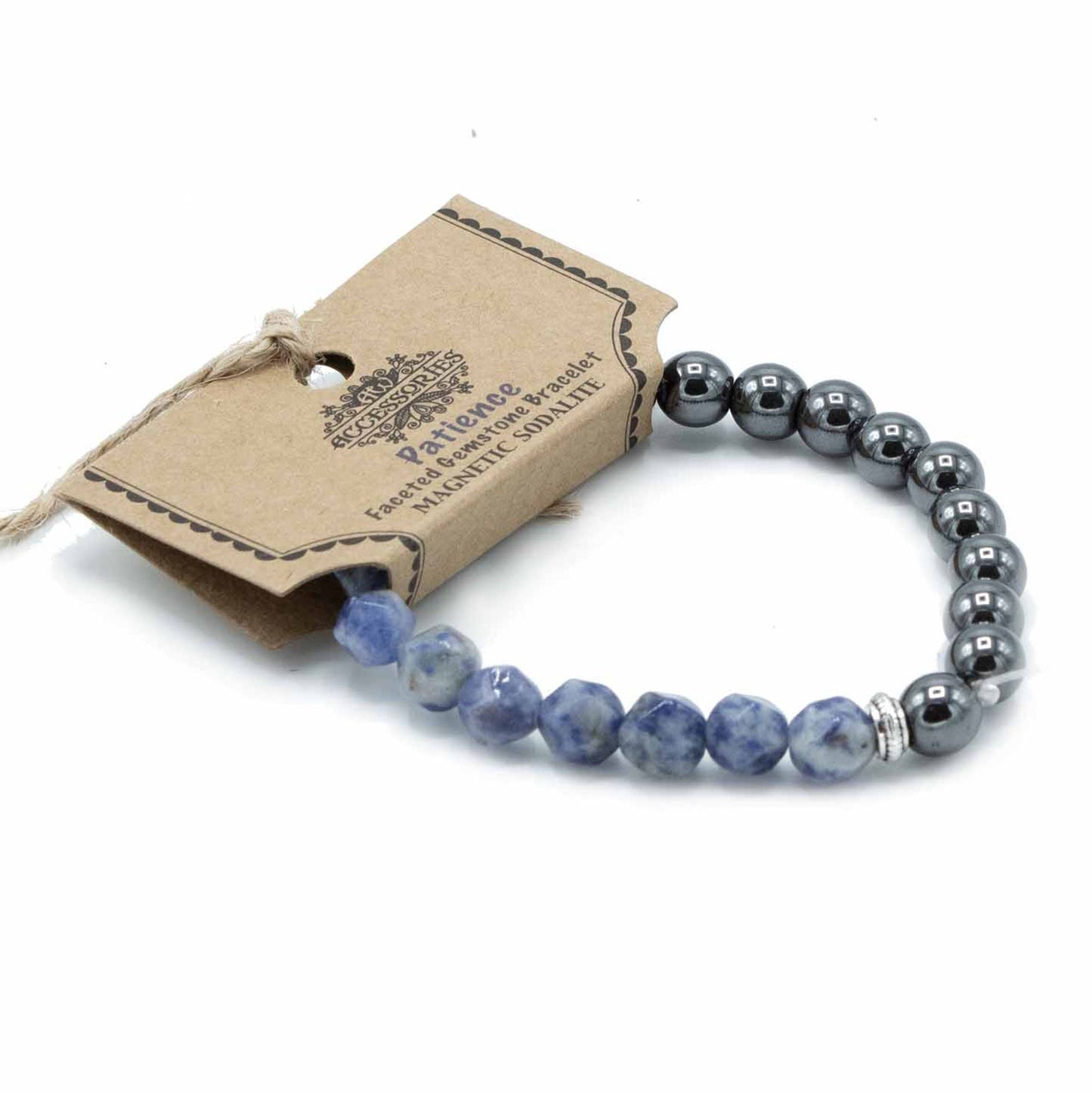 Blue and white faceted sodalite gemstone beads on a stretch bracelet reflecting light with a sparkling appearance.