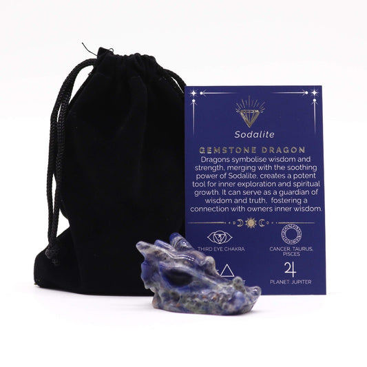 Detailed small hand-carved blue and white sodalite gemstone dragon head figurine.