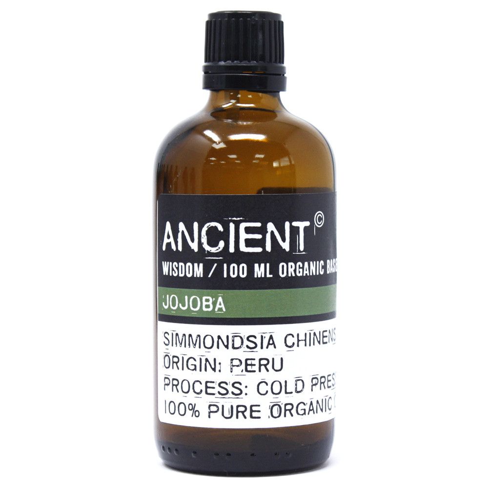 Clear 100ml glass bottle of golden organic jojoba base oil for aromatherapy and skincare use.