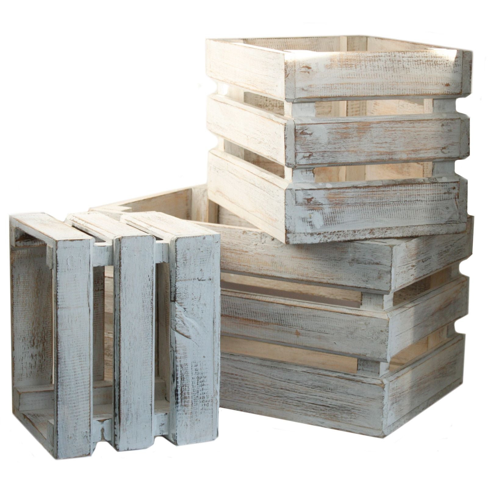Set of three rustic wooden storage boxes with a white-washed finish and slatted design.