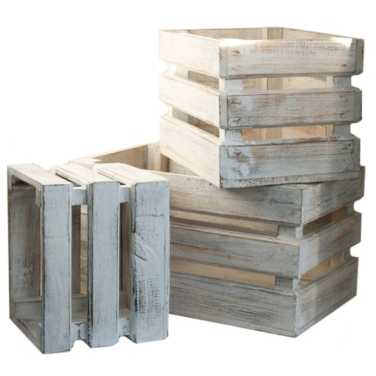 Set of three rustic wooden storage boxes with a white-washed finish and slatted design.