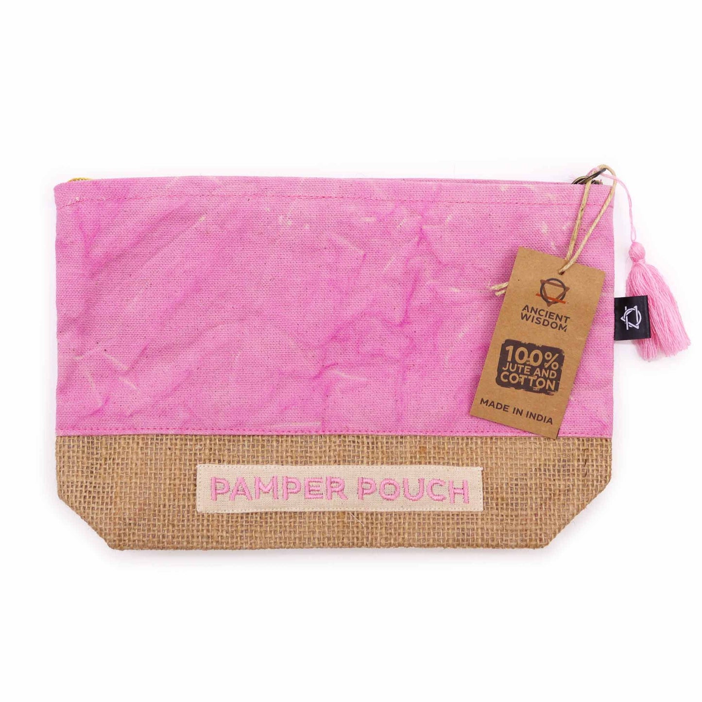Textured cotton drawstring bag with a unique pink and purple stonewashed effect.