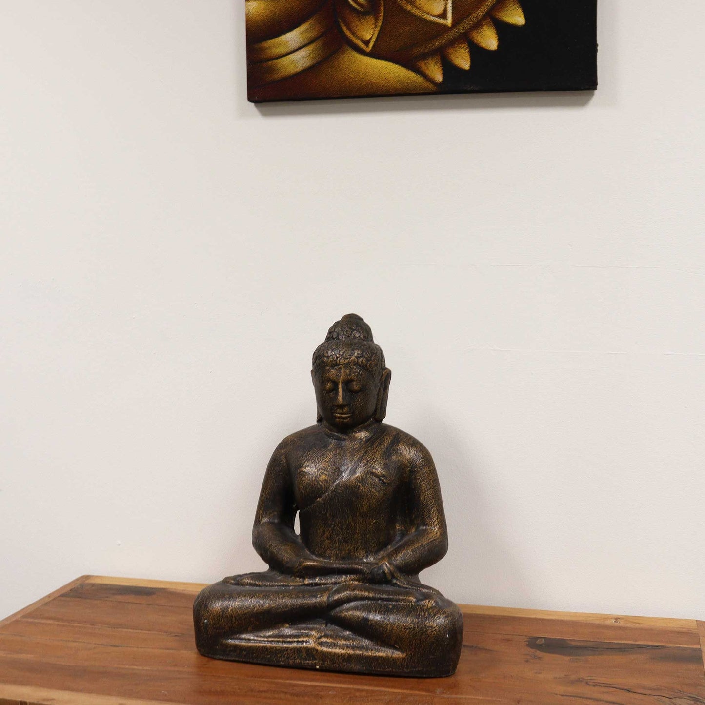 Elegant medium-sized Buddha statue in a classic seated pose with a refined antique gold finish, standing 50cm tall.