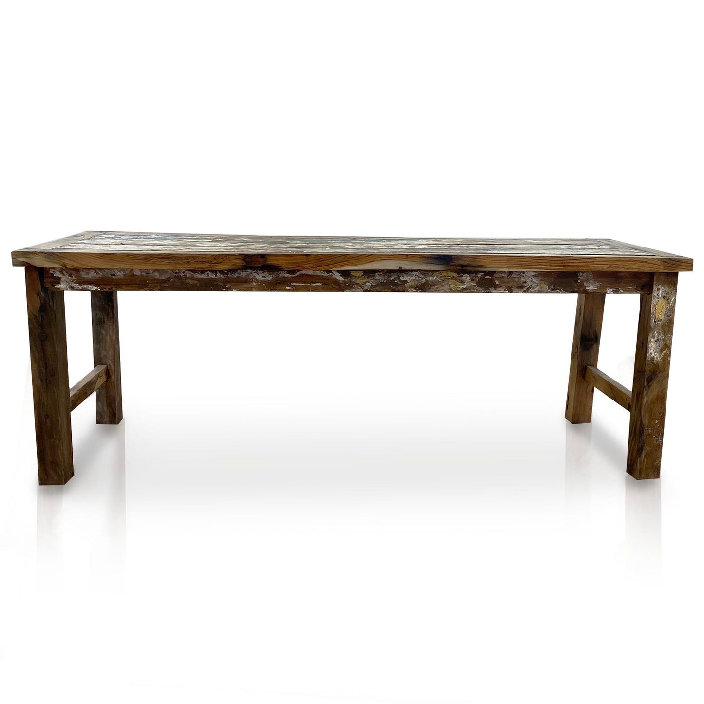 Large rectangular dining table crafted from rustic recycled teakwood with a natural finish and sturdy legs.