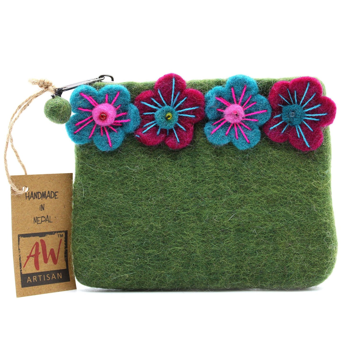 Handmade natural felt zipper pouch featuring colourful embroidered flower designs in a soft textured finish.