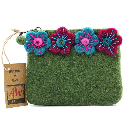 Handmade natural felt zipper pouch featuring colourful embroidered flower designs in a soft textured finish.