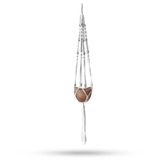Handcrafted natural cotton macrame plant hanger with decorative wooden beads and a sturdy hanging loop.