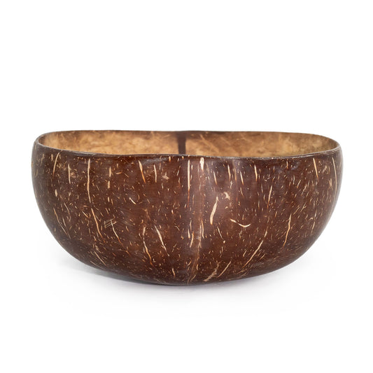 Handmade polished medium coconut bowl with natural wood grain and a smooth finish.