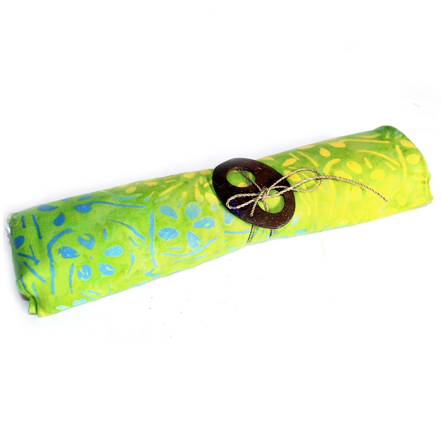 Lightweight green sarong featuring a delicate hand-blocked floral petal pattern with a coconut shell buckle.