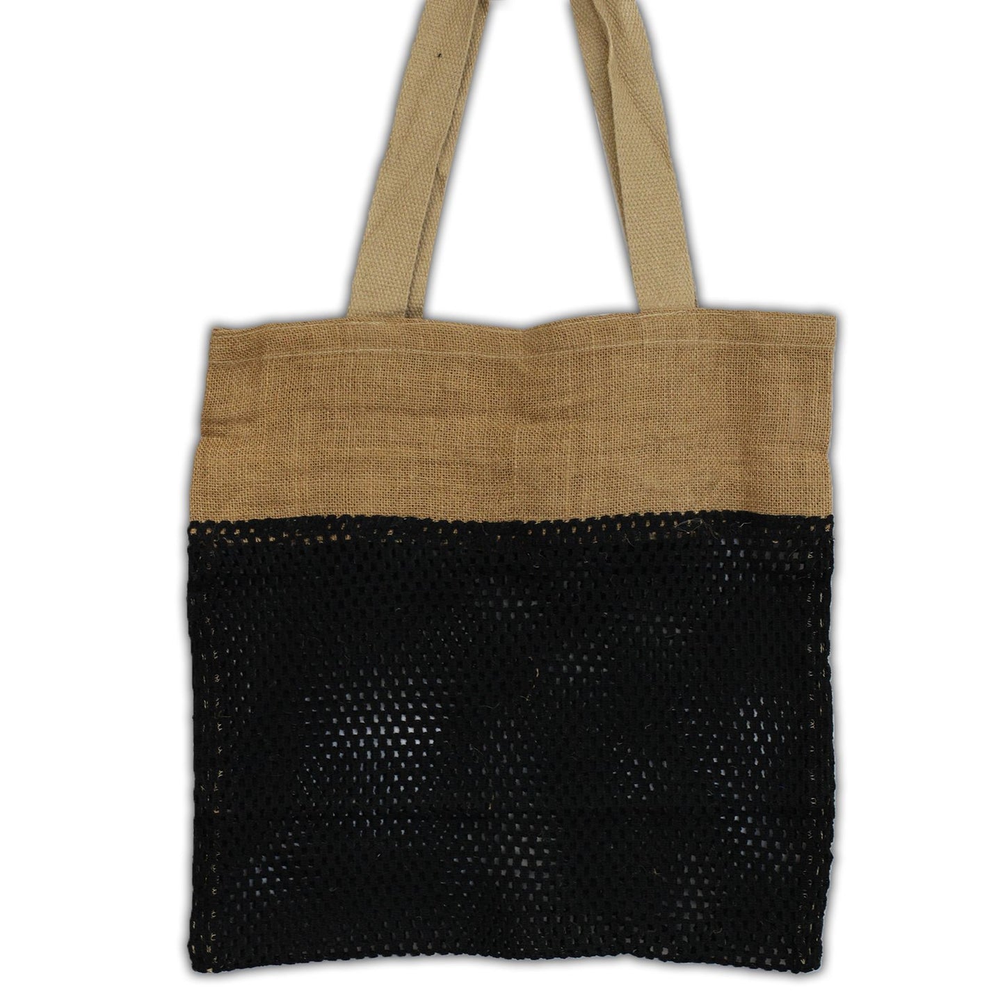 Close-up of a black mesh shopping bag made from a soft blend of natural jute and cotton fibres.