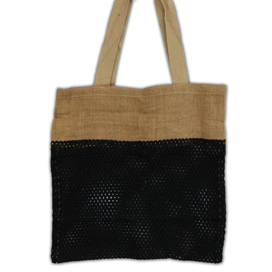 Close-up of a black mesh shopping bag made from a soft blend of natural jute and cotton fibres.