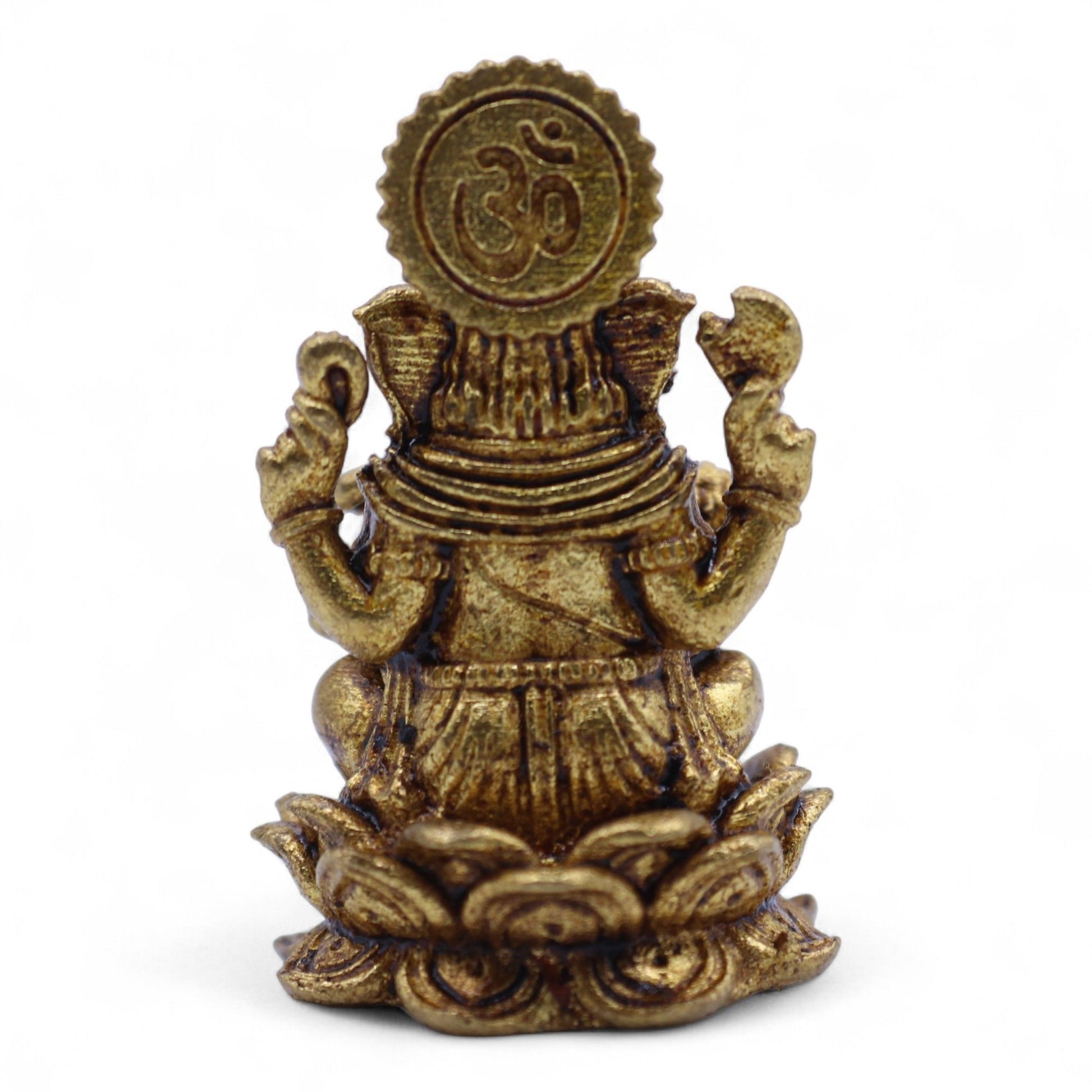 Finely detailed miniature brass Ganesha figurine seated on a lotus base, handcrafted in India.