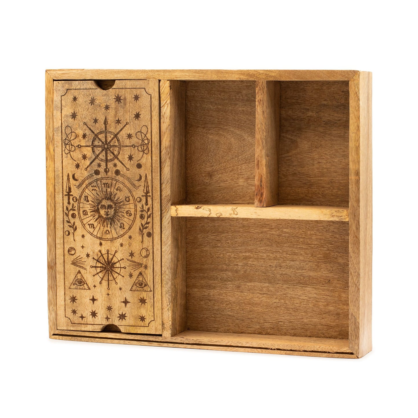 Large wooden tarot box with spiritual etchings, four internal compartments, and a slot for upright card display.