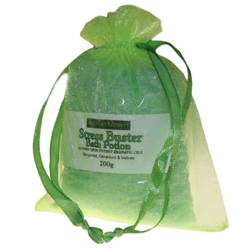 Clear bag containing 200g of aromatic blue bath salts infused with essential oils for stress relief.