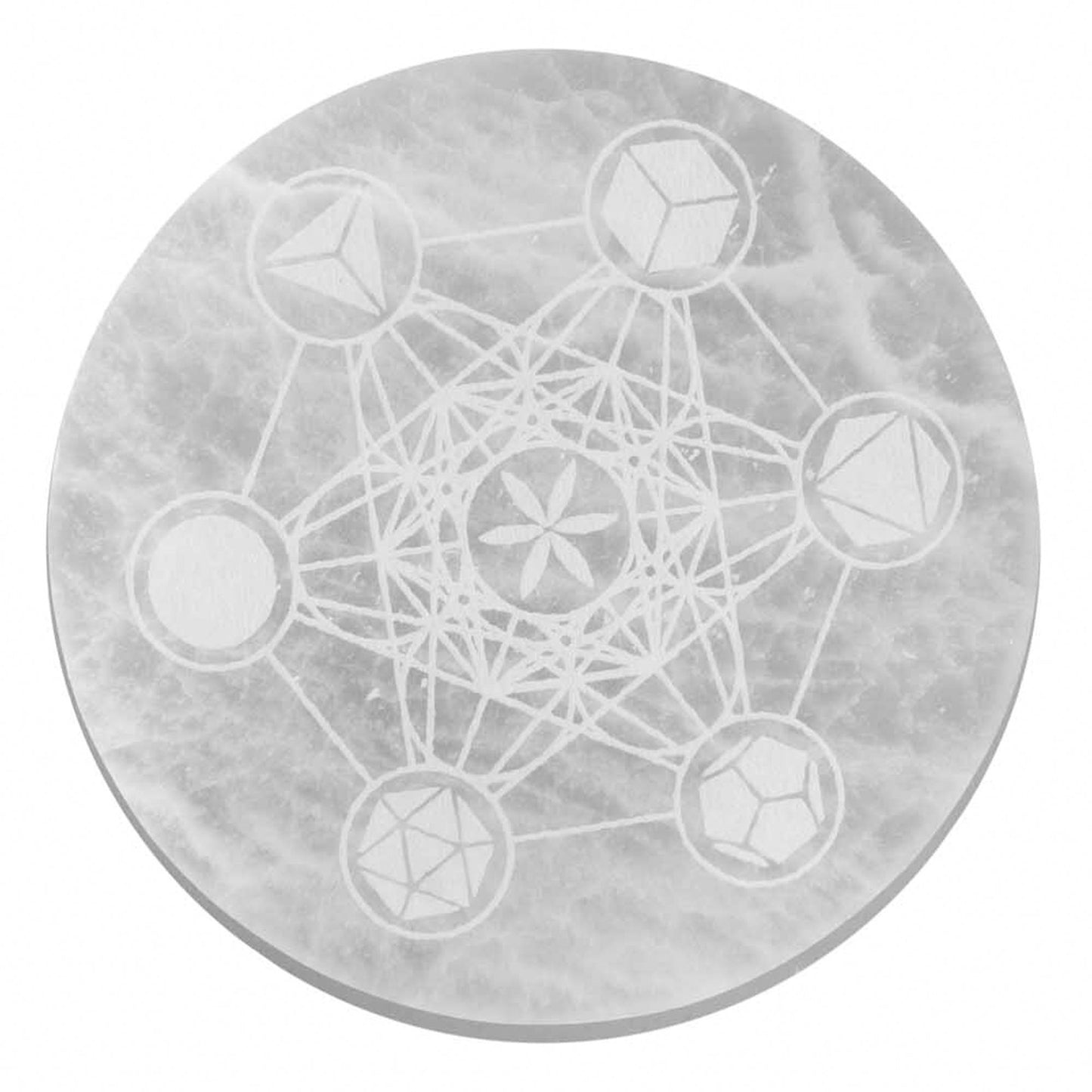 Large round white selenite charging plate with an engraved sacred geometry pattern.