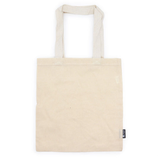 Simple and sustainable natural cream-coloured cotton tote bag with long handles shown against a neutral background.