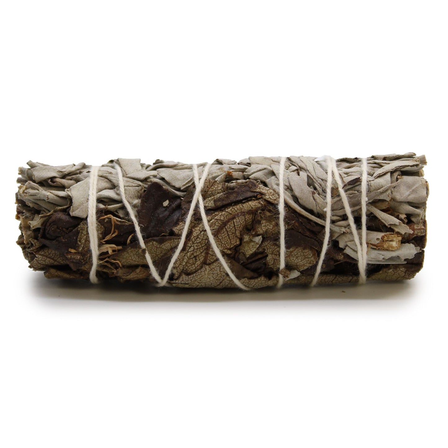 Hand-tied smudge stick combining dried white sage and black sage leaves, approximately 10cm in length.