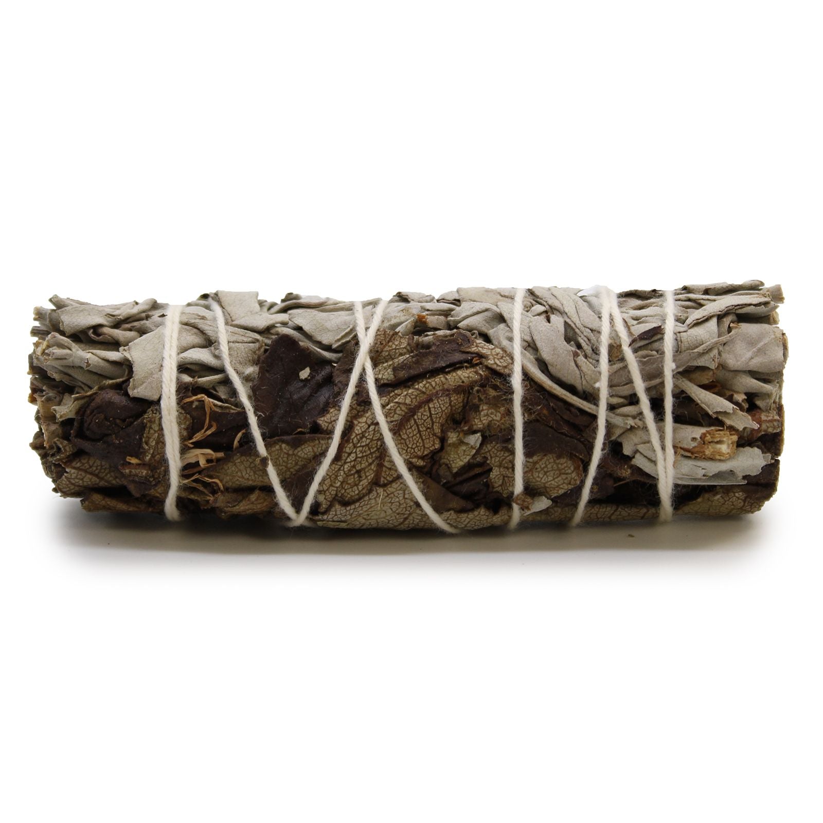 Hand-tied smudge stick combining dried white sage and black sage leaves, approximately 10cm in length.