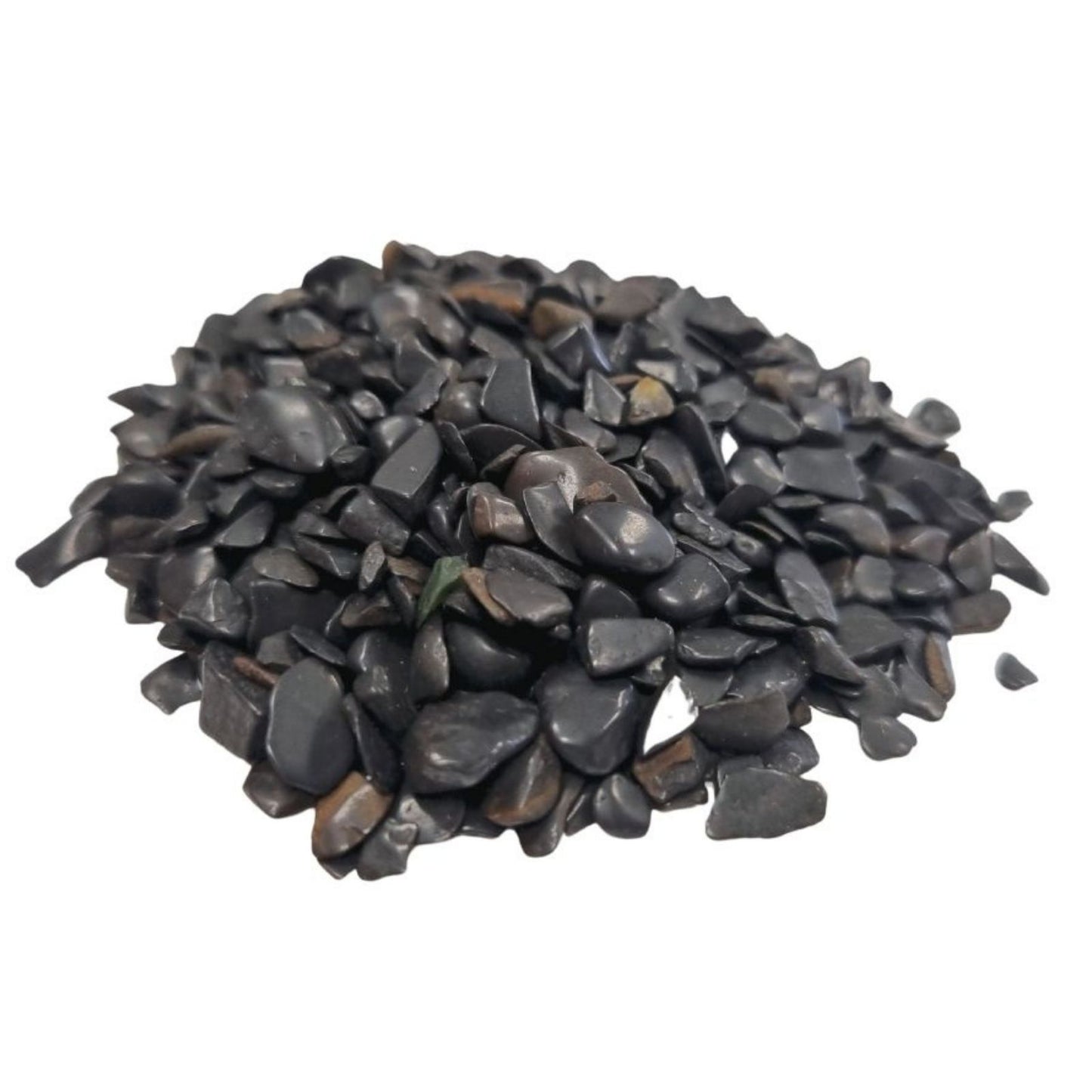 Large bag of small polished black tourmaline gemstone chips with a natural dark lustre.