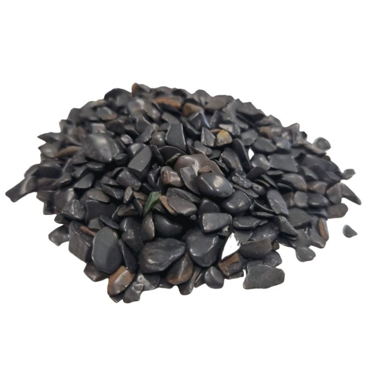 Large bag of small polished black tourmaline gemstone chips with a natural dark lustre.