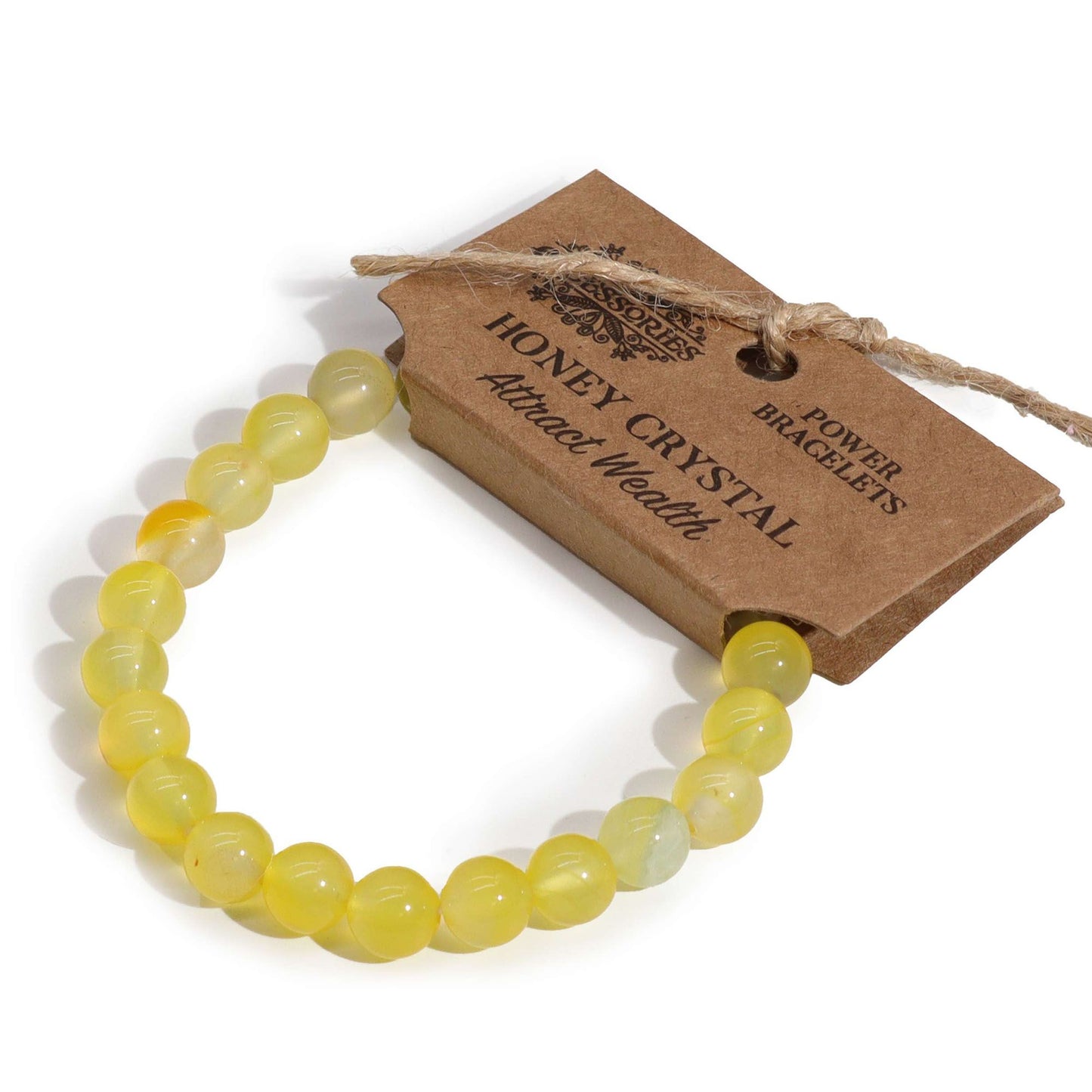 Handcrafted power bracelet featuring smooth, translucent honey-coloured crystal beads on an elasticated cord.