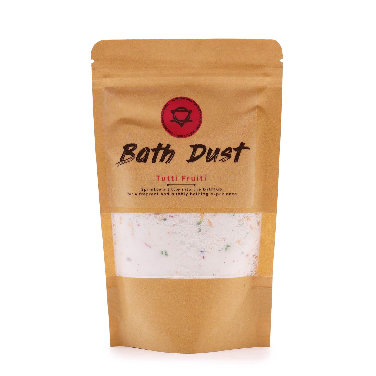 Vibrant and colourful scented bath dust powder in a clear 190g bag for a relaxing fizzy bath experience.