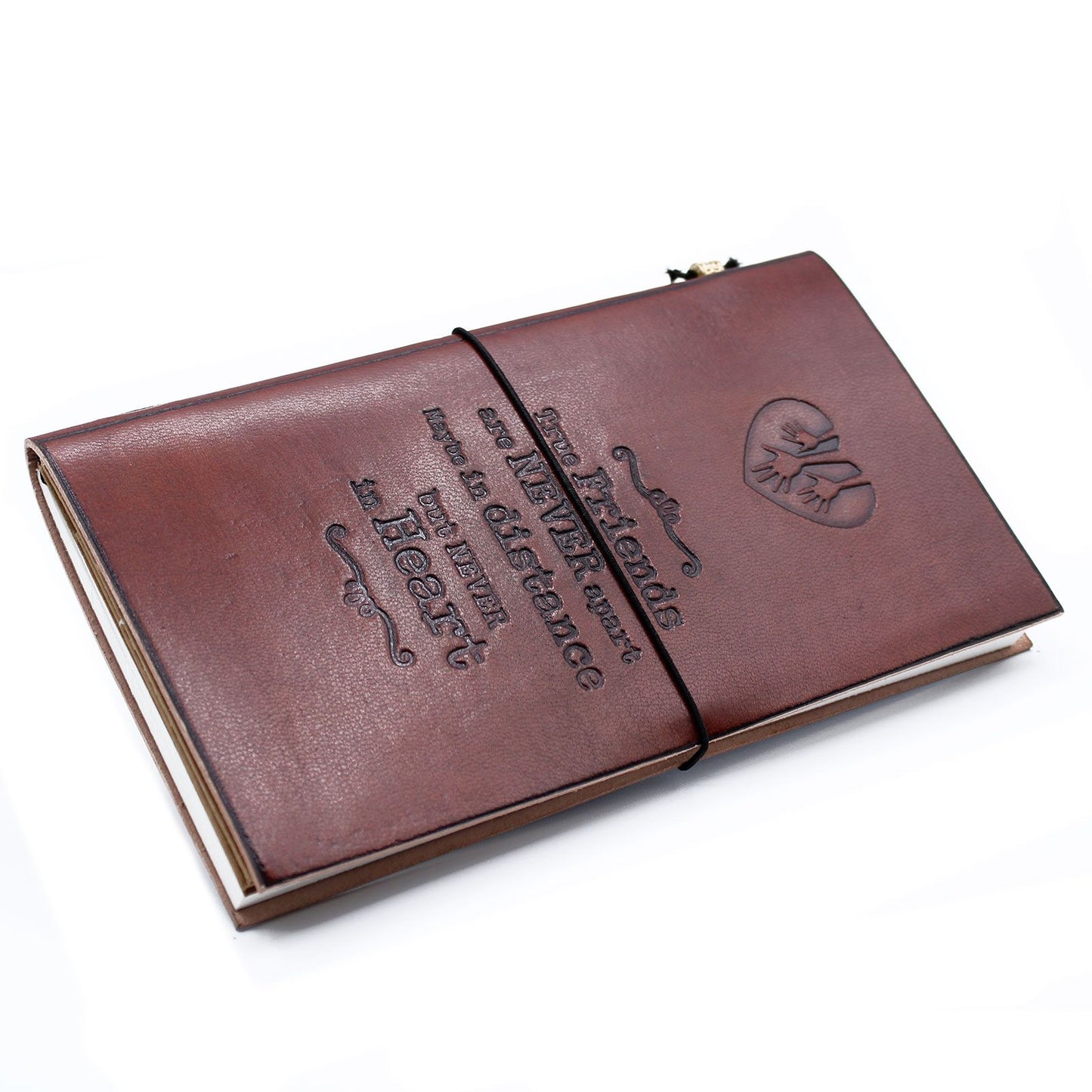 Slim brown leather journal featuring an embossed quote and decorative wrap-around band closure.