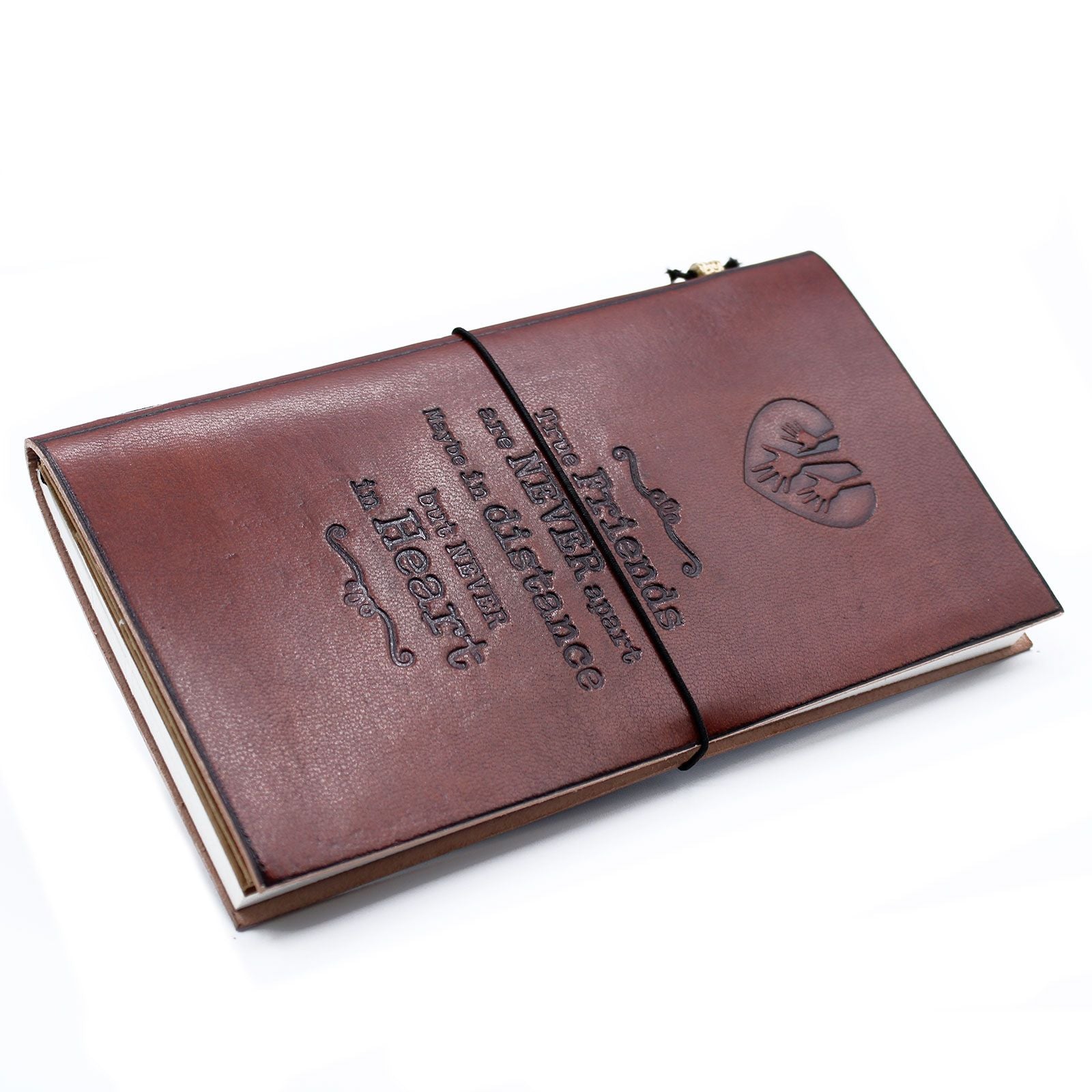 Slim brown leather journal featuring an embossed quote and decorative wrap-around band closure.