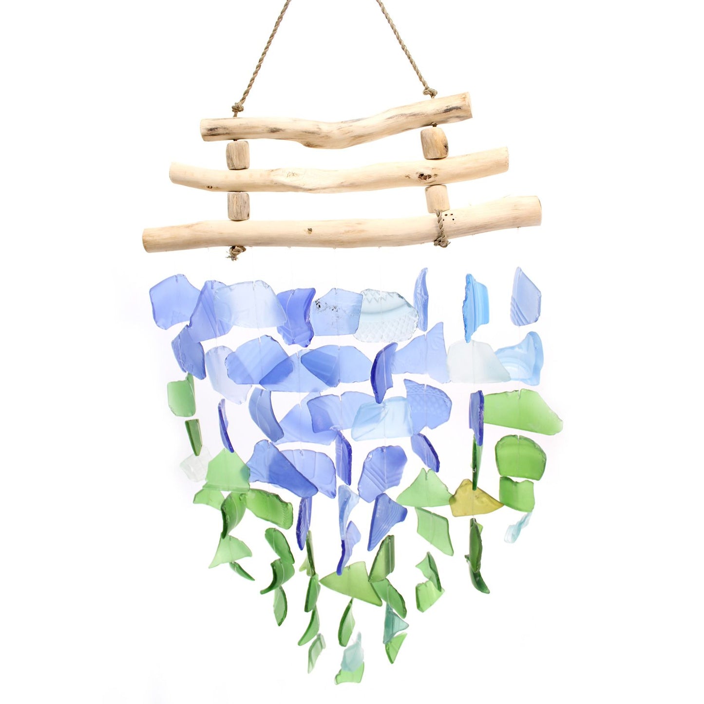 Handcrafted wind chime featuring three rows of vibrant blue and green recycled glass pieces suspended from a wooden stick.