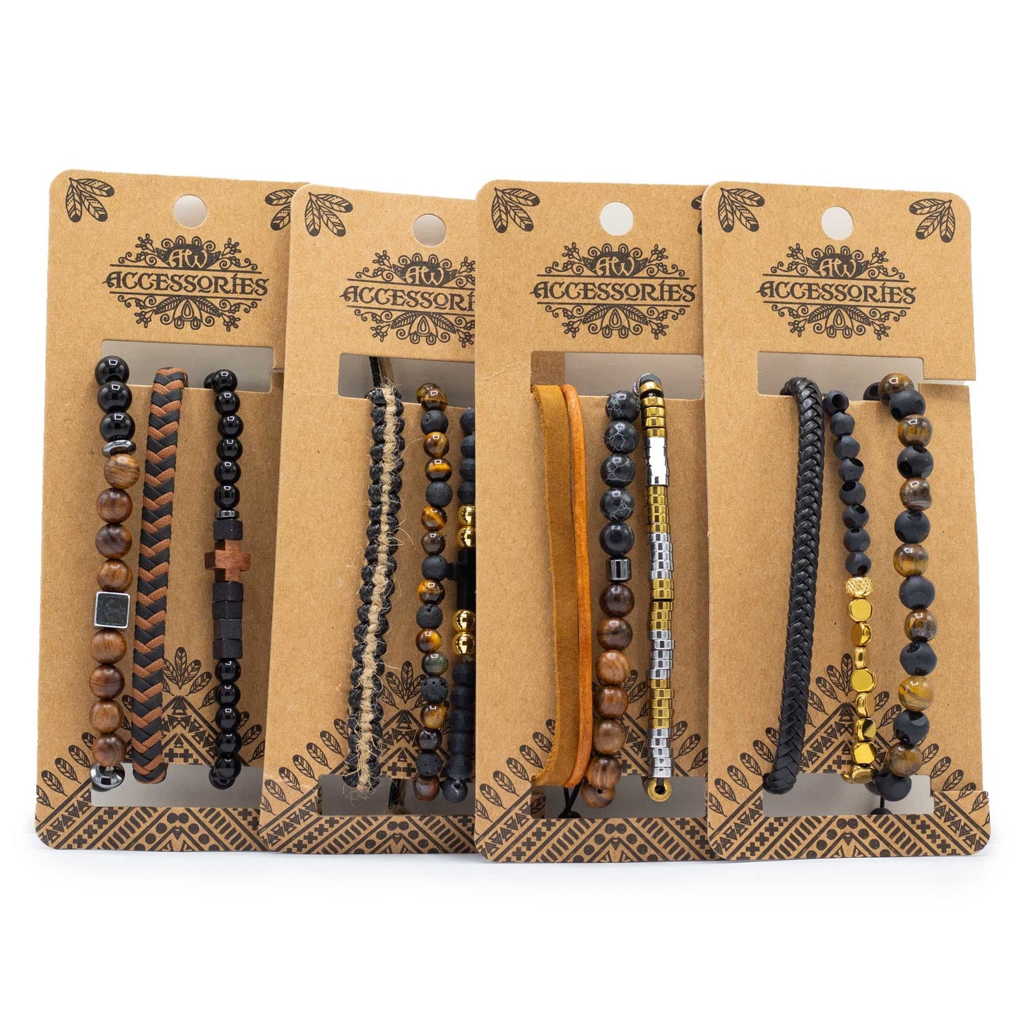 Stack of men's premium beaded and cord bracelets in stylish black and tan tones on a neutral background.