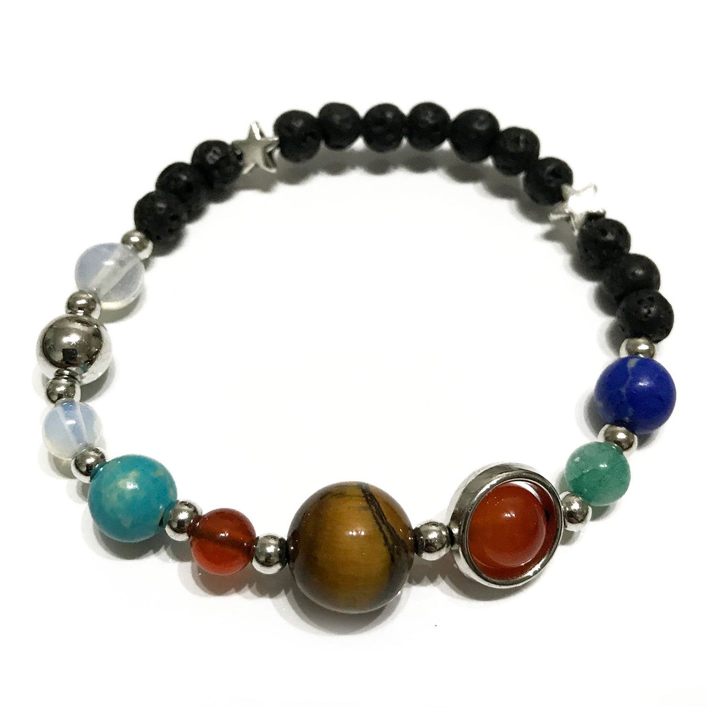 Lava stone bead bracelet featuring colourful gemstone beads representing planets and a silver solar system charm.
