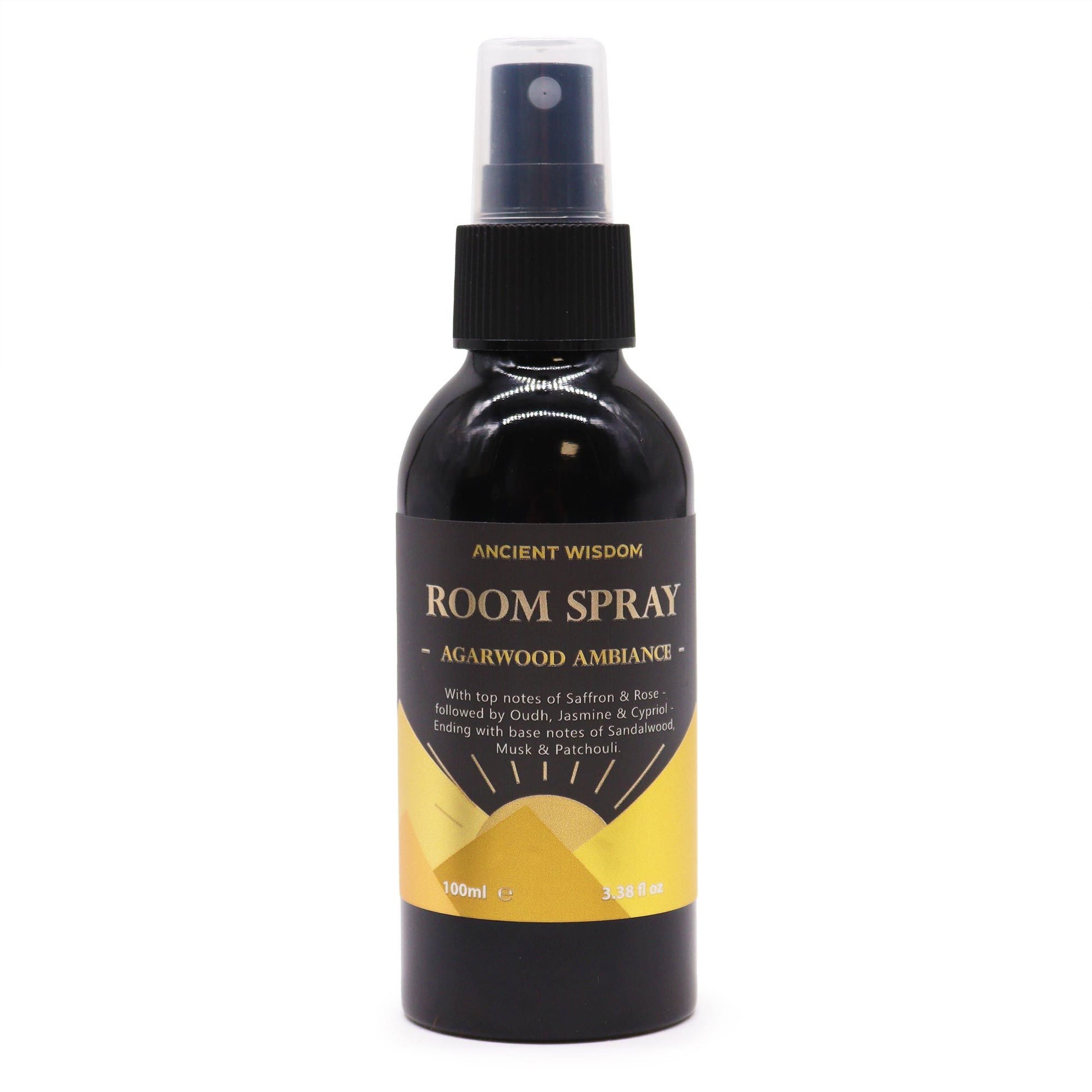 Elegant 100ml room spray bottle containing agarwood ambiance fragrance with notes of saffron and rose.